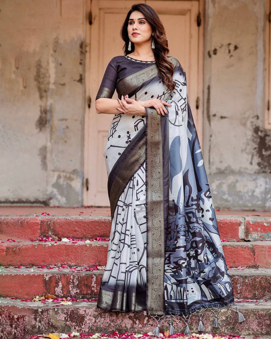 Pure Silk Digitally Printed Saree Weaved With Golden Zari Comes With Tassels