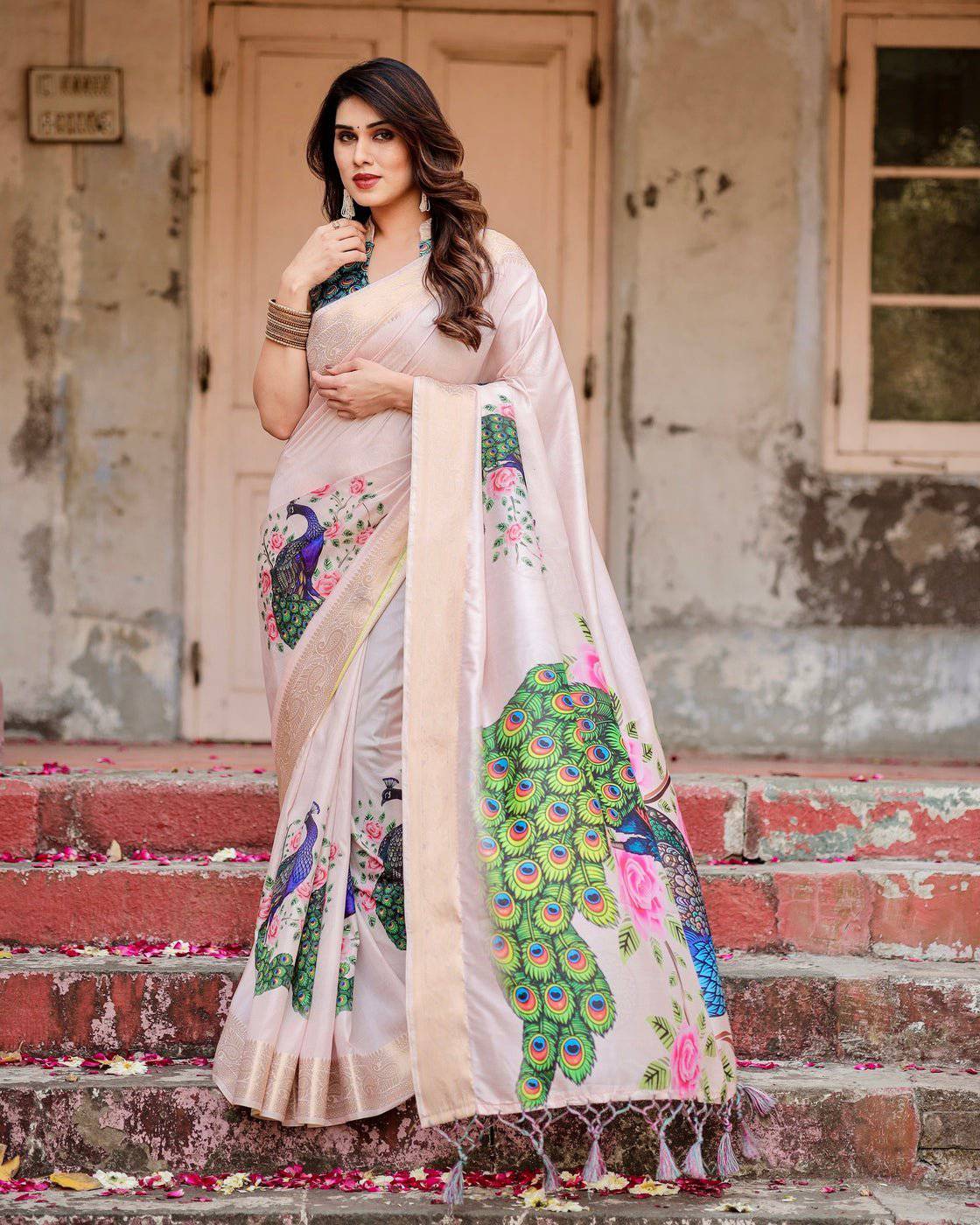 Soft Pastel Pink Banarasi Silk Saree with Hand-Painted Peacock and Floral Motifs