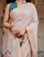 Soft Pastel Pink Banarasi Silk Saree with Hand-Painted Peacock and Floral Motifs