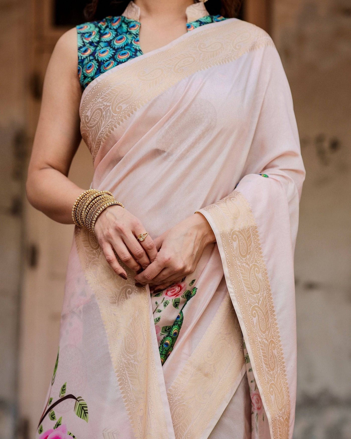 Soft Pastel Pink Banarasi Silk Saree with Hand-Painted Peacock and Floral Motifs