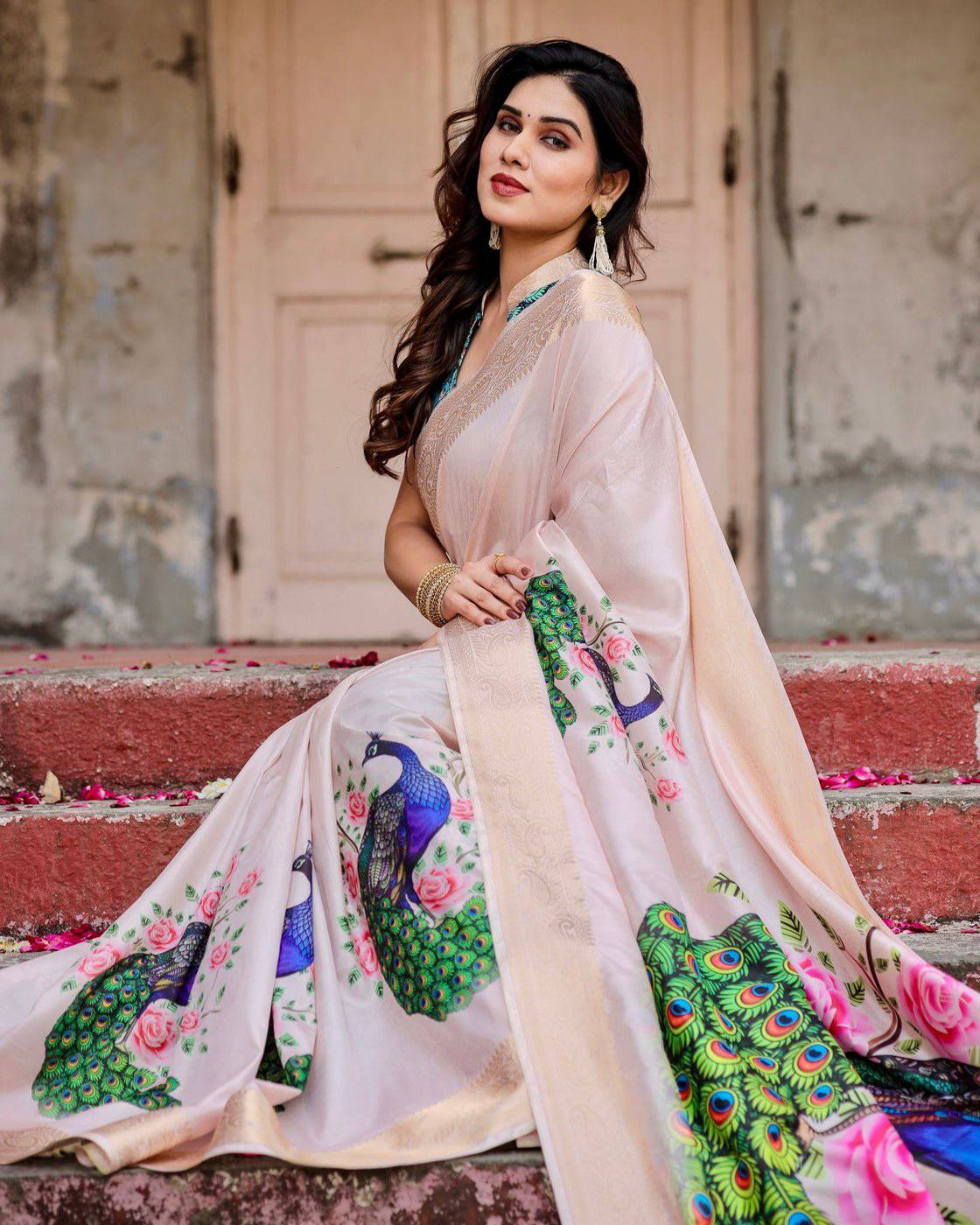 Soft Pastel Pink Banarasi Silk Saree with Hand-Painted Peacock and Floral Motifs