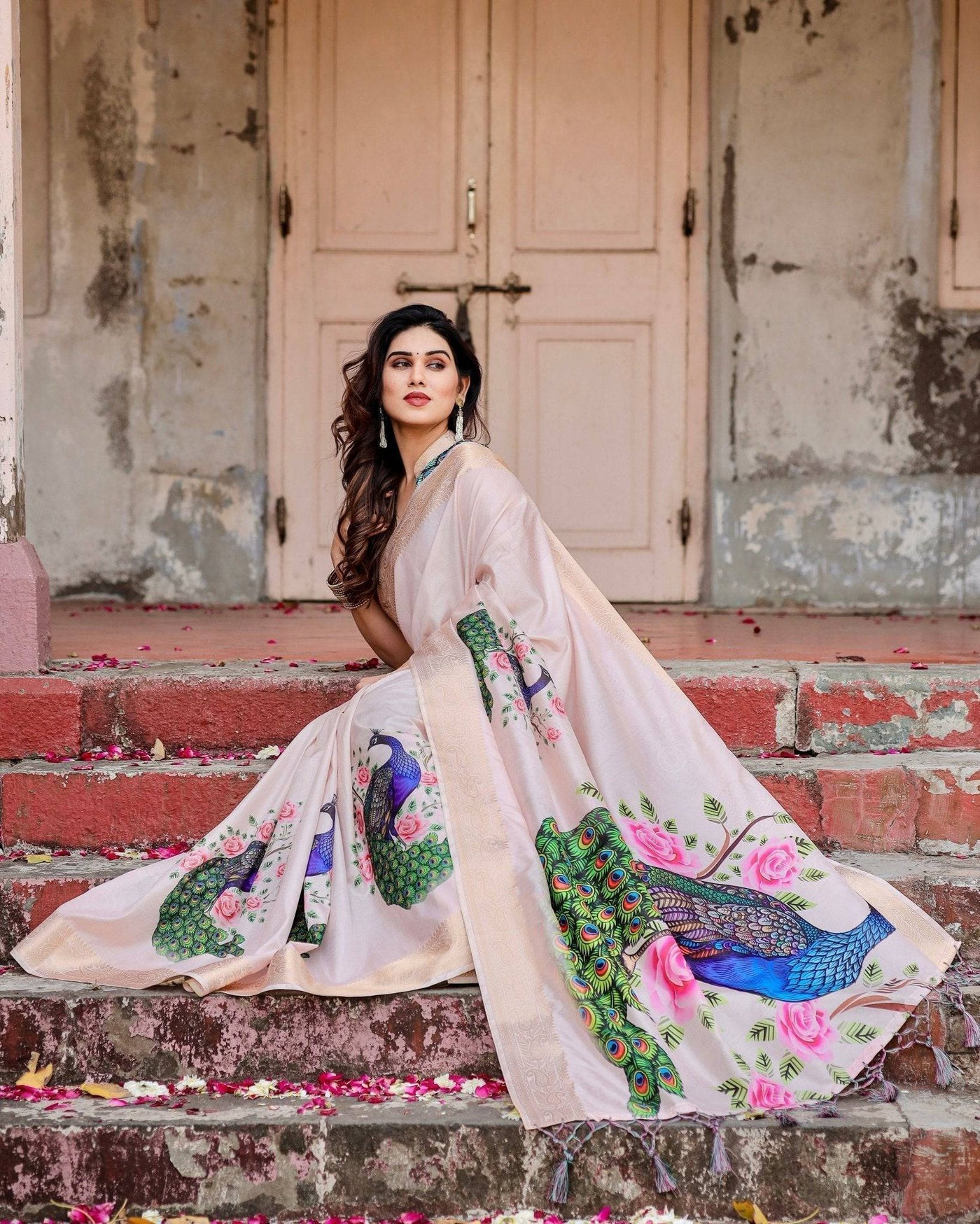 Soft Pastel Pink Tussar Silk Saree with Hand-Painted Peacock and Floral Motifs