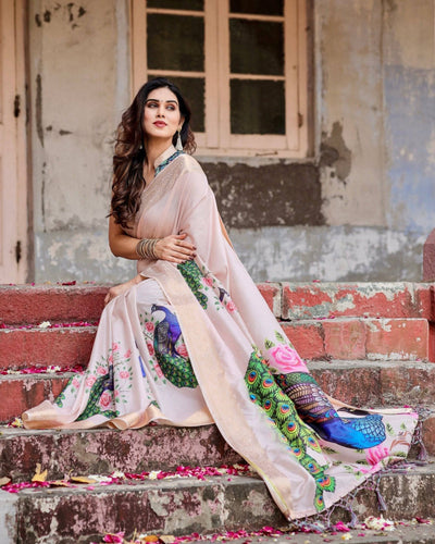 Soft Pastel Pink Banarasi Silk Saree with Hand-Painted Peacock and Floral Motifs