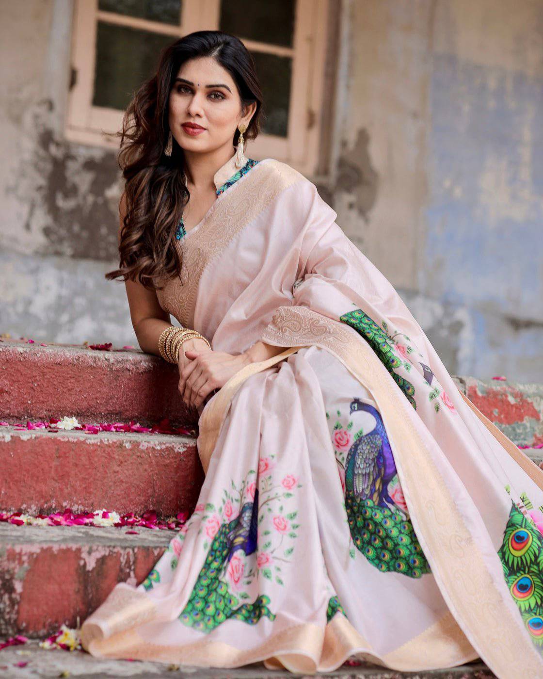 Soft Pastel Pink Banarasi Silk Saree with Hand-Painted Peacock and Floral Motifs