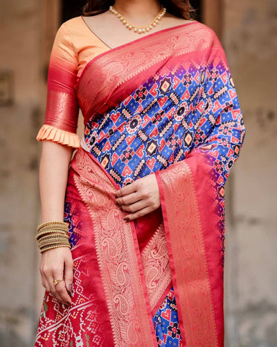 Royal Blue and Red Banarasi Silk Saree with Geometric Patterns and Ornate Zari Border