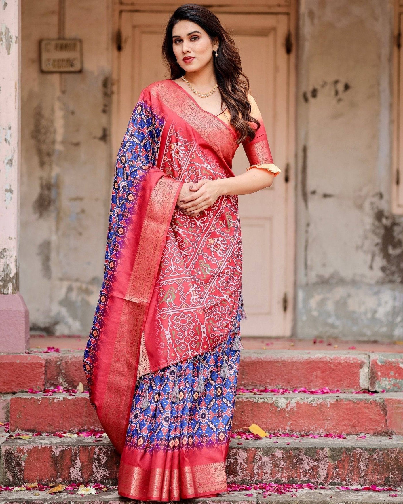 Royal Blue and Red Banarasi Silk Saree with Geometric Patterns and Ornate Zari Border