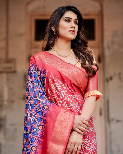 Royal Blue and Red Tussar Silk Saree with Geometric Patterns and Ornate Zari Border