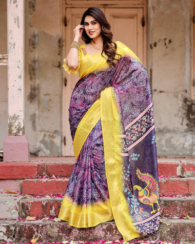 Purple and Yellow Banarasi Silk Saree with Artistic Peacock Pallu and Zari Border