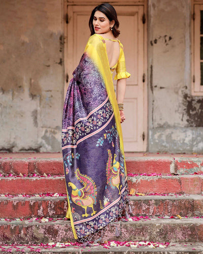 Purple and Yellow Tussar Silk Saree with Artistic Peacock Pallu and Zari Border