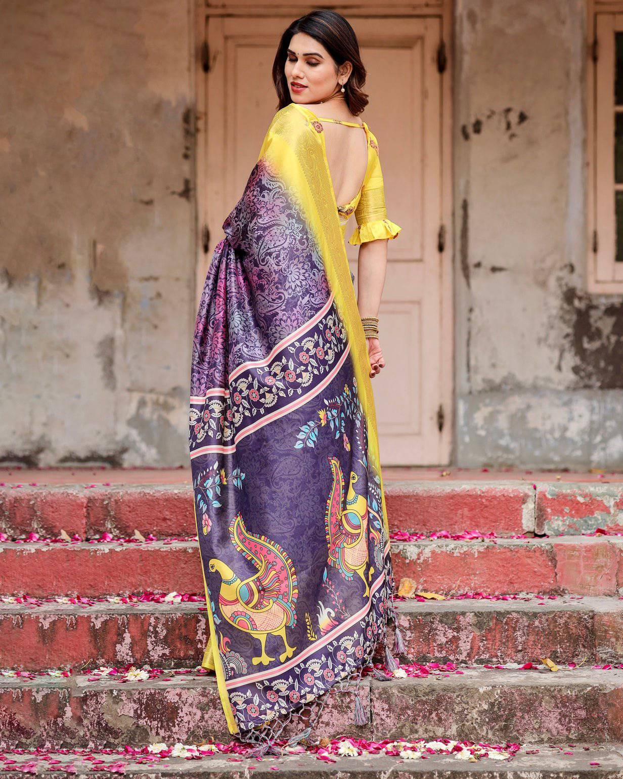 Purple and Yellow Banarasi Silk Saree with Artistic Peacock Pallu and Zari Border