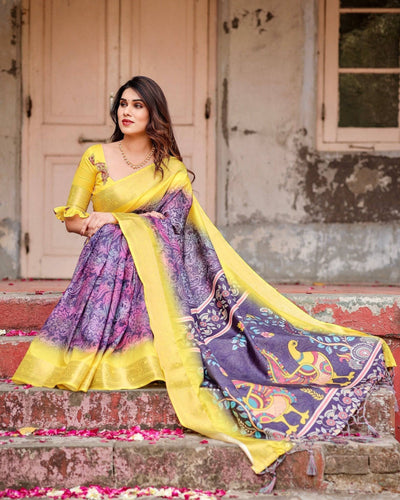 Purple and Yellow Tussar Silk Saree with Artistic Peacock Pallu and Zari Border