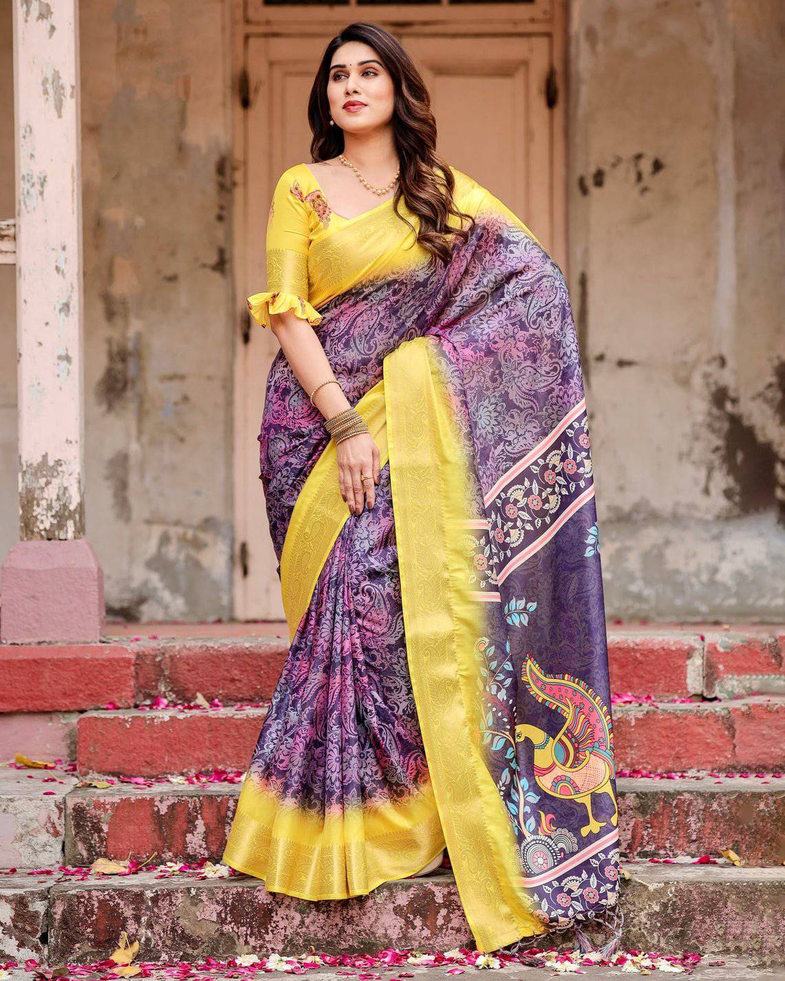 Purple and Yellow Banarasi Silk Saree with Artistic Peacock Pallu and Zari Border