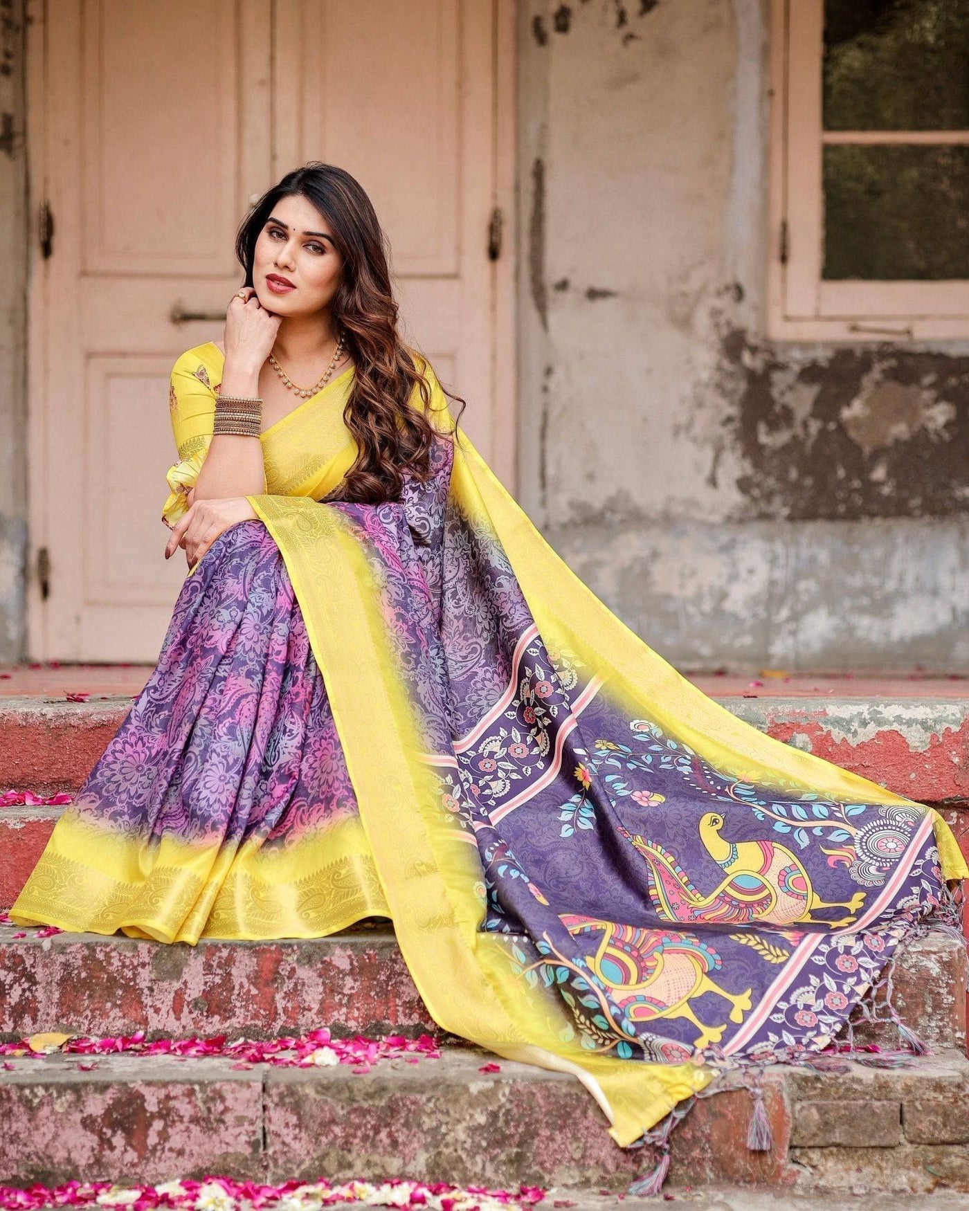 Purple and Yellow Banarasi Silk Saree with Artistic Peacock Pallu and Zari Border