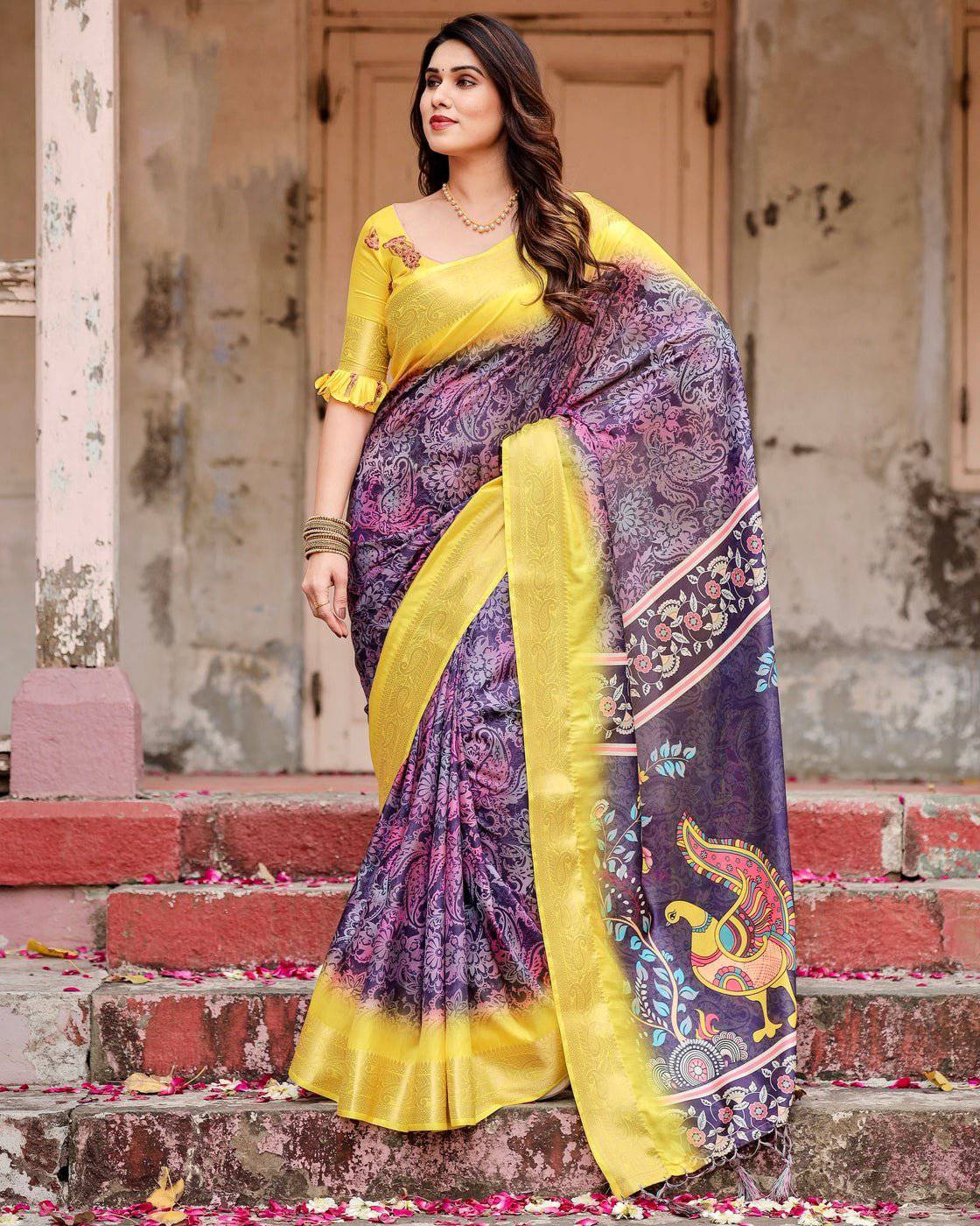 Purple and Yellow Tussar Silk Saree with Artistic Peacock Pallu and Zari Border