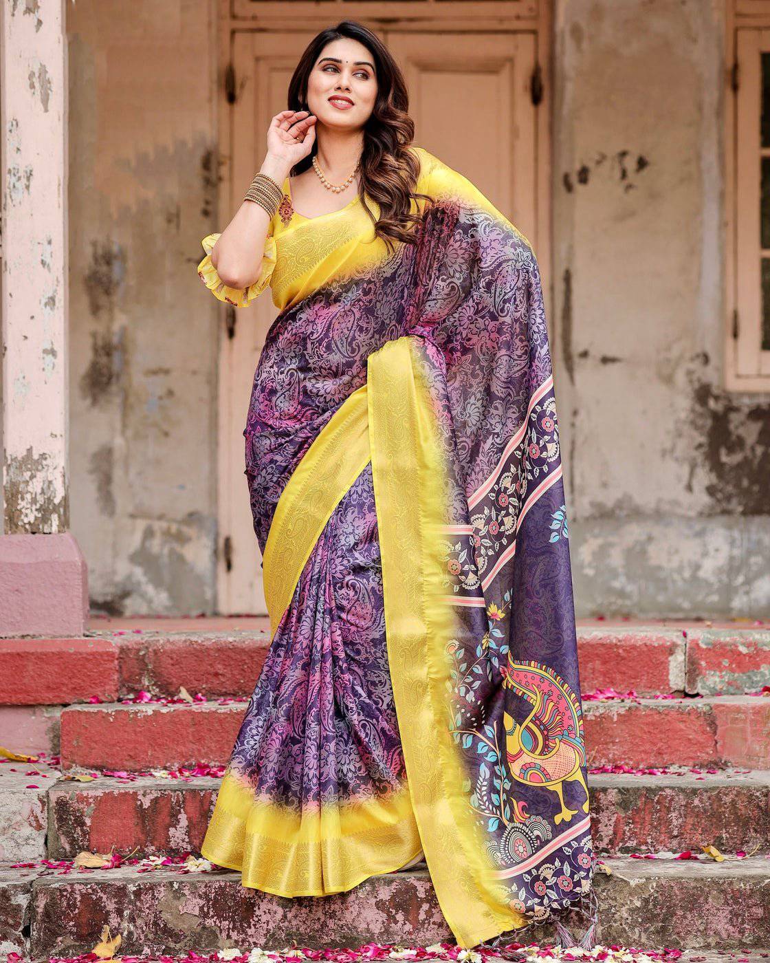 Pure Silk Digitally Printed Saree Weaved With Golden Zari Comes With Tassels