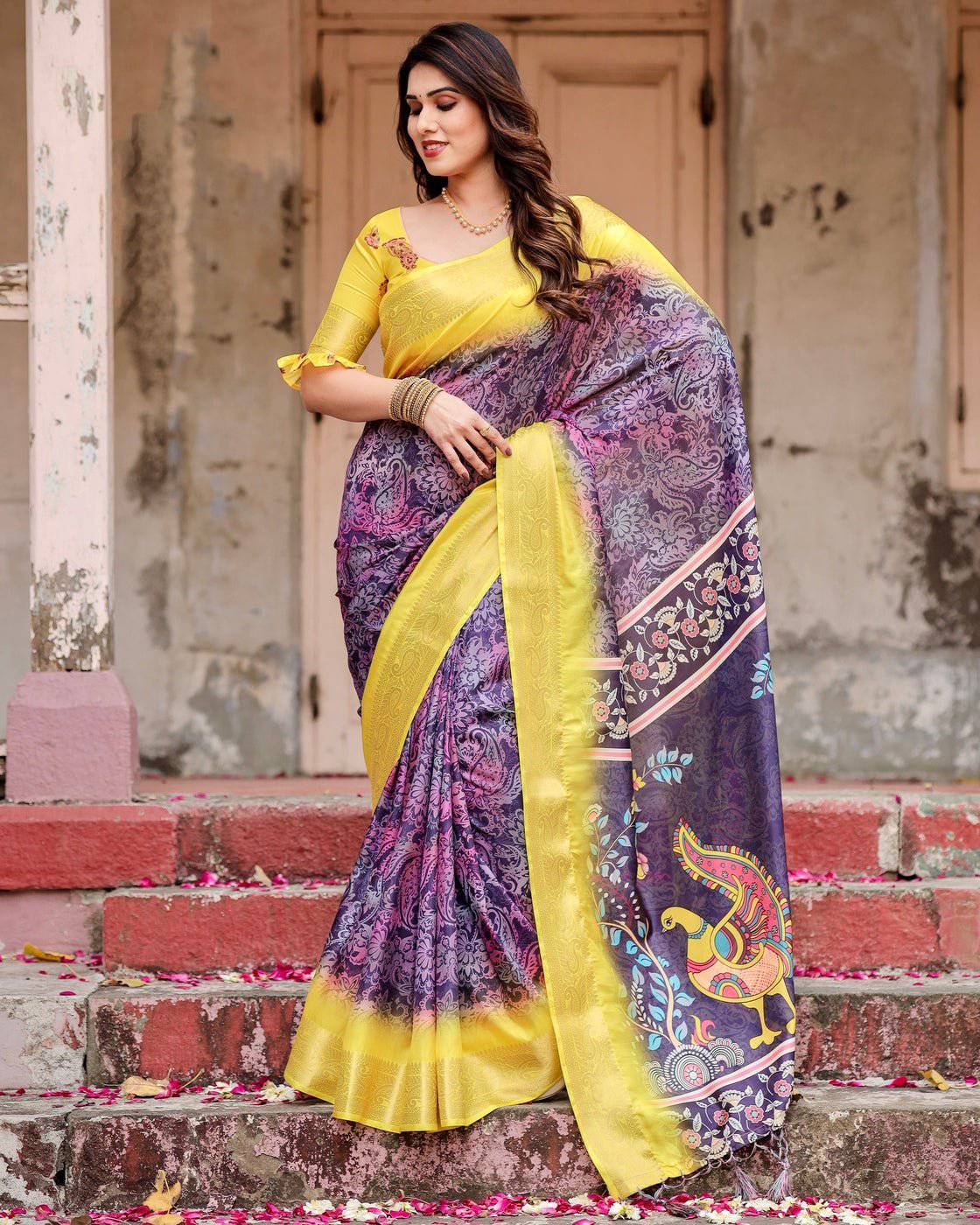 Pure Silk Digitally Printed Saree Weaved With Golden Zari Comes With Tassels