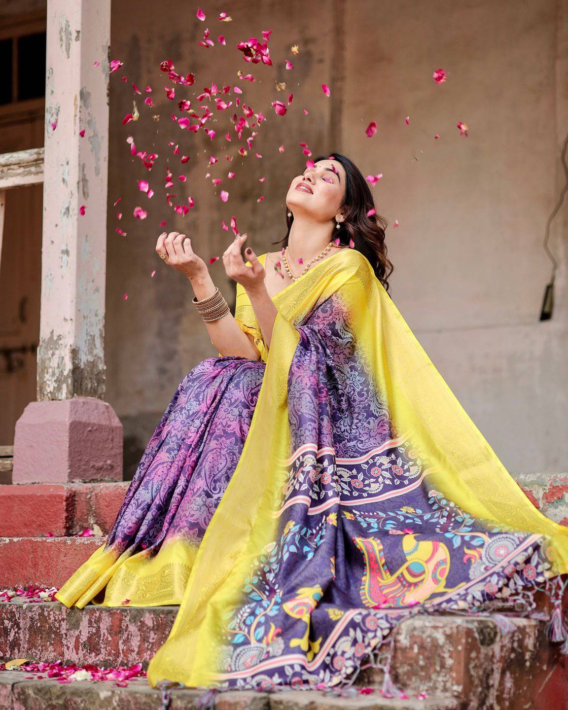 Purple and Yellow Banarasi Silk Saree with Artistic Peacock Pallu and Zari Border