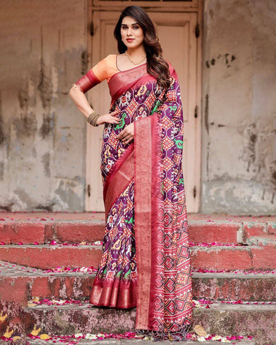 Wine Purple Banarasi Silk Saree with Ikat-Inspired Patterns and Rich Zari Border