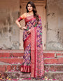 Wine Purple Banarasi Silk Saree with Ikat-Inspired Patterns and Rich Zari Border