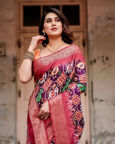 Wine Purple Banarasi Silk Saree with Ikat-Inspired Patterns and Rich Zari Border