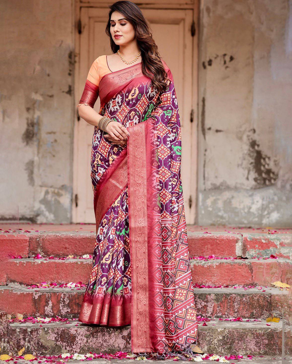 Wine Purple Banarasi Silk Saree with Ikat-Inspired Patterns and Rich Zari Border