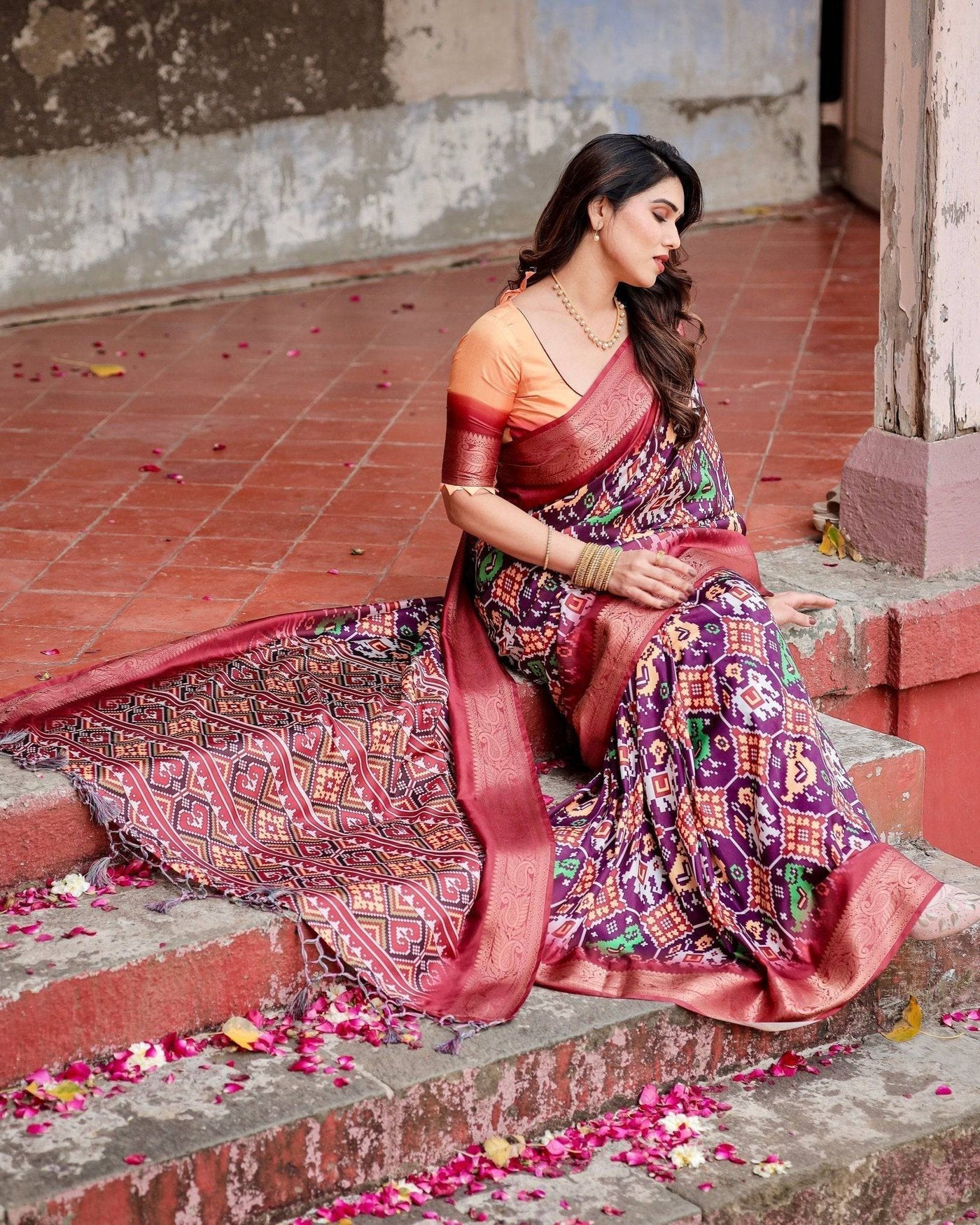 Wine Purple Tussar Silk Saree with Ikat-Inspired Patterns and Rich Zari Border