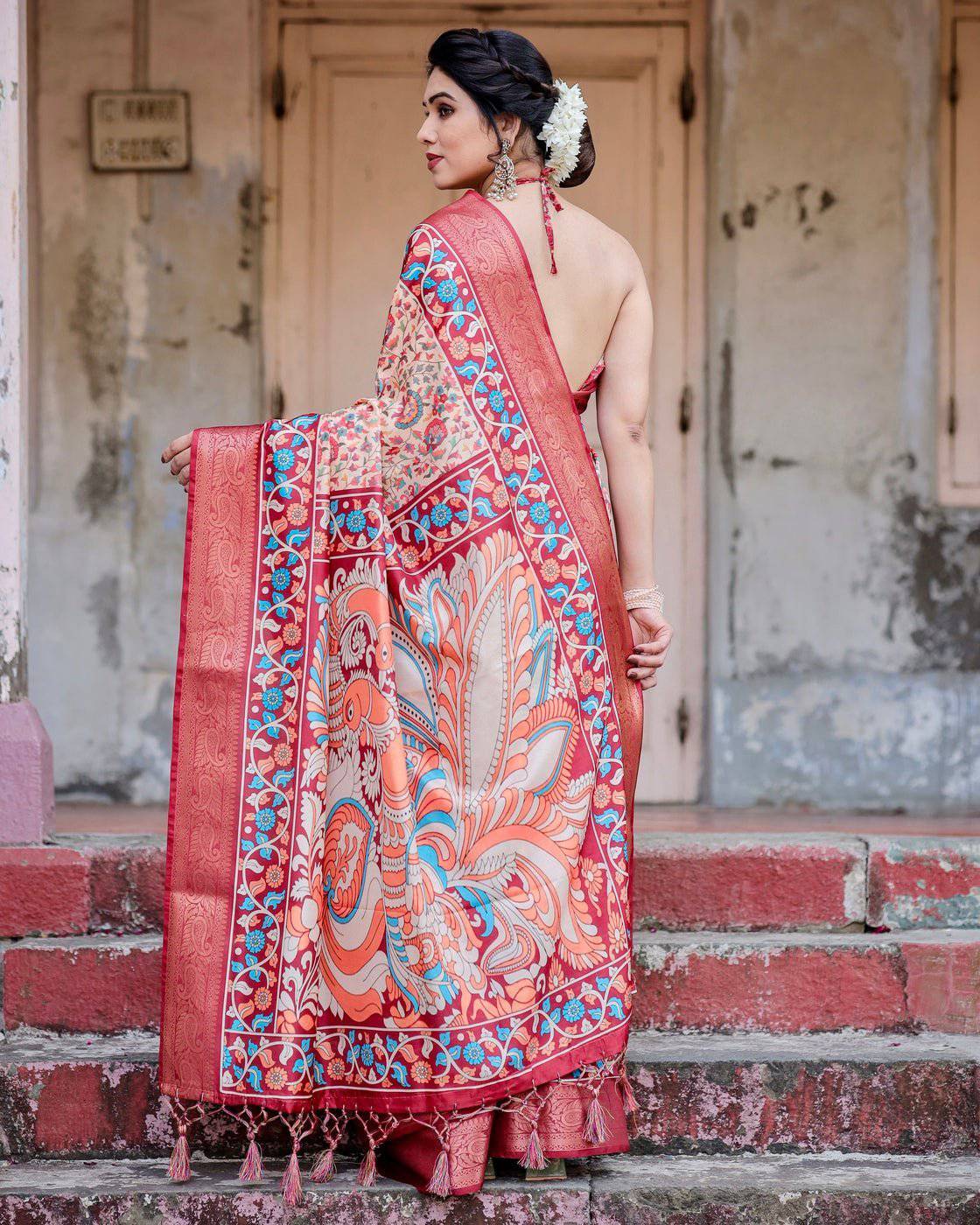 Beige and Coral Banarasi Silk Saree with Intricate Floral Prints and Artistic Pallu