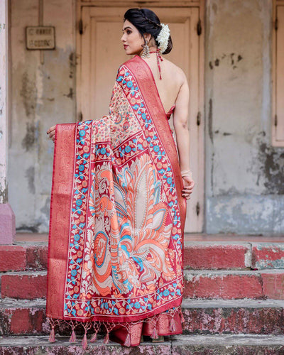 Beige and Coral Banarasi Silk Saree with Intricate Floral Prints and Artistic Pallu