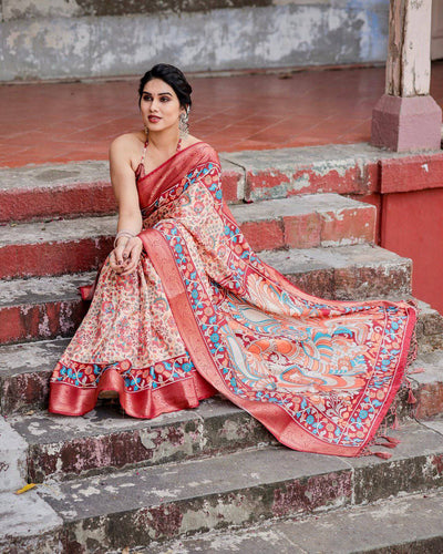 Beige and Coral Tussar Silk Saree with Intricate Floral Prints and Artistic Pallu