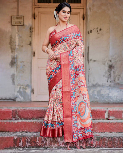 Beige and Coral Banarasi Silk Saree with Intricate Floral Prints and Artistic Pallu