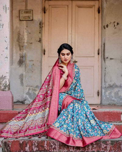 Teal Blue and Coral Tussar Silk Saree with Vibrant Floral Motifs and Ornamental Pallu