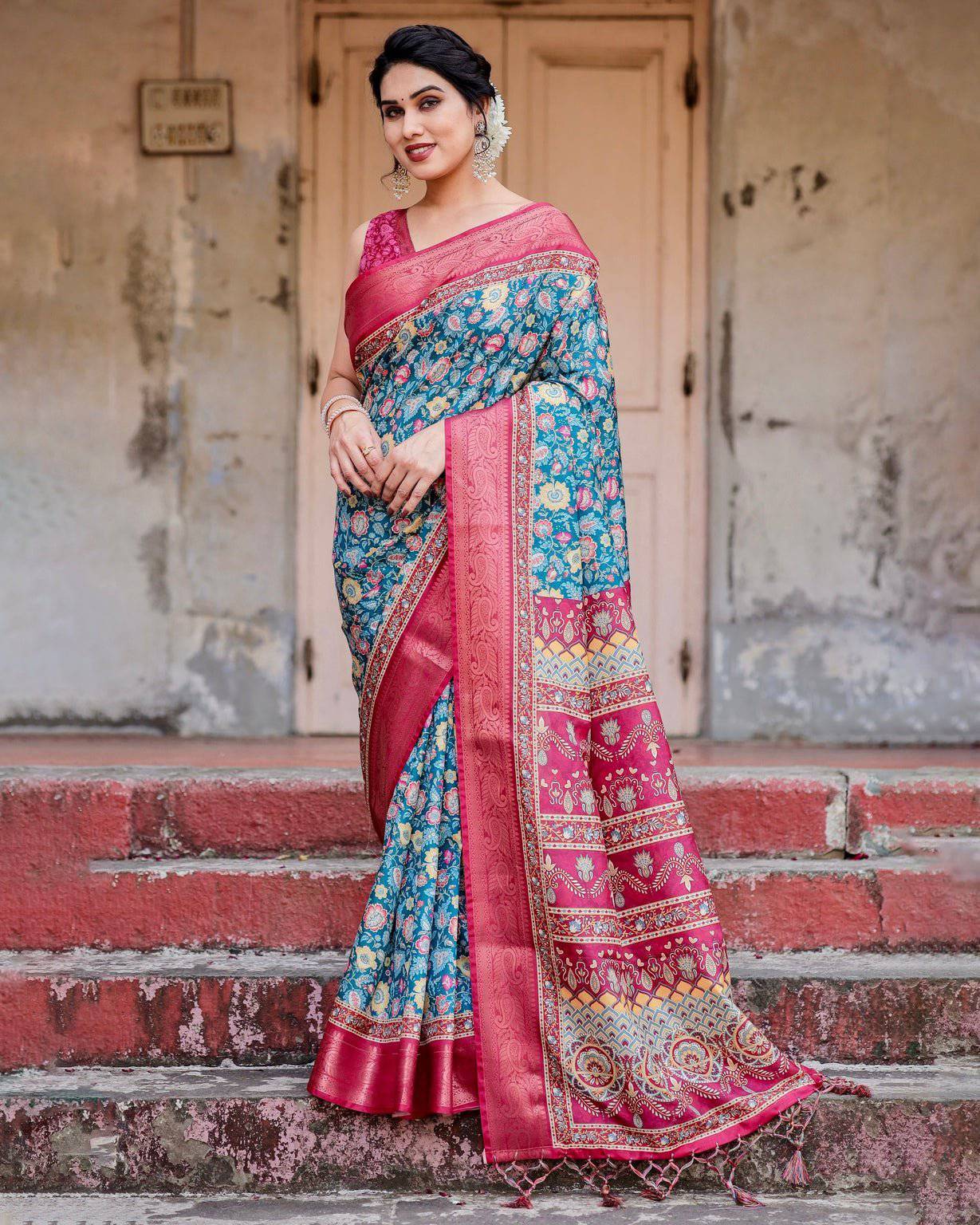 Teal Blue and Coral Tussar Silk Saree with Vibrant Floral Motifs and Ornamental Pallu