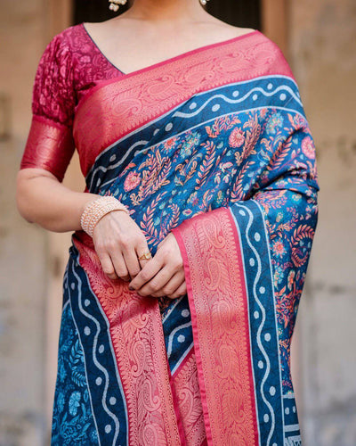 Teal Blue and Coral Tussar Silk Saree with Floral Weaves and Geometric Pallu