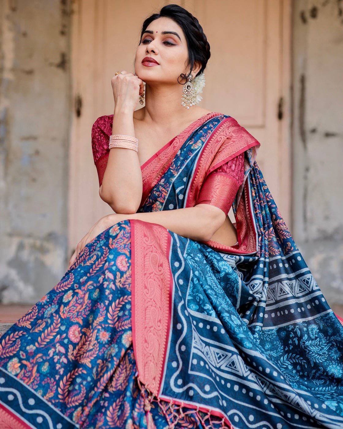 Teal Blue and Coral Tussar Silk Saree with Floral Weaves and Geometric Pallu