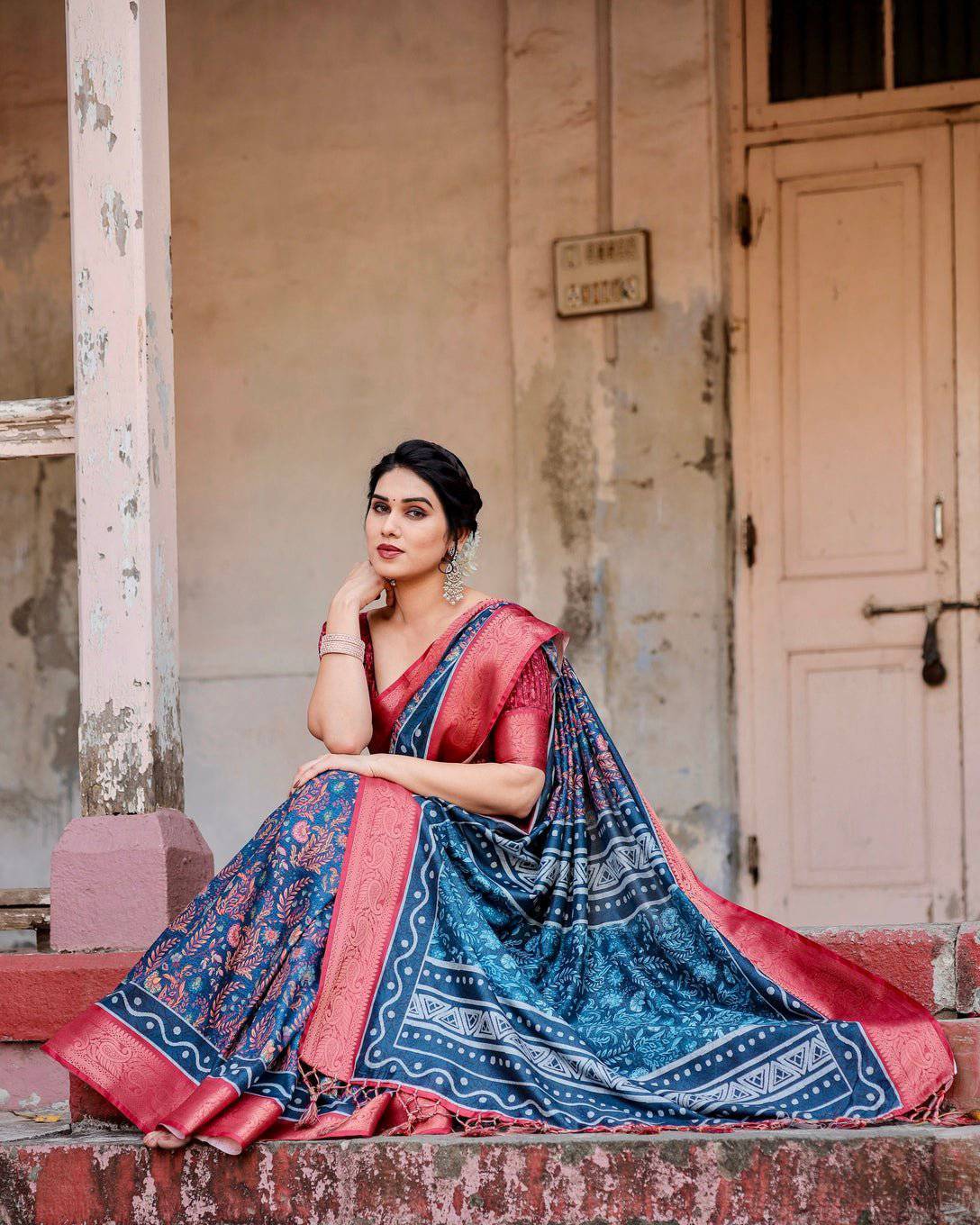 Teal Blue and Coral Tussar Silk Saree with Floral Weaves and Geometric Pallu