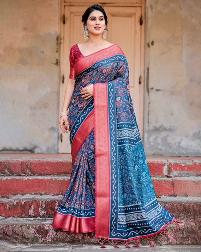 Teal Blue and Coral Banarasi Silk Saree with Floral Weaves and Geometric Pallu