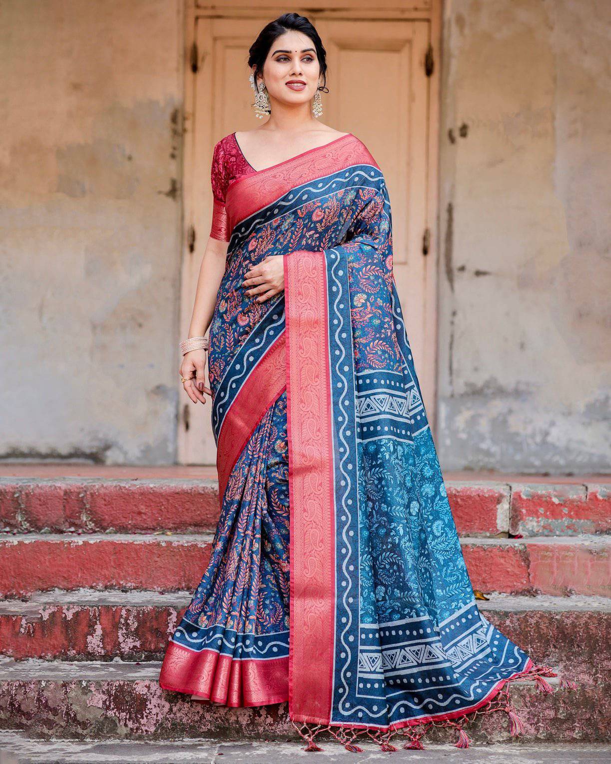 Teal Blue and Coral Tussar Silk Saree with Floral Weaves and Geometric Pallu