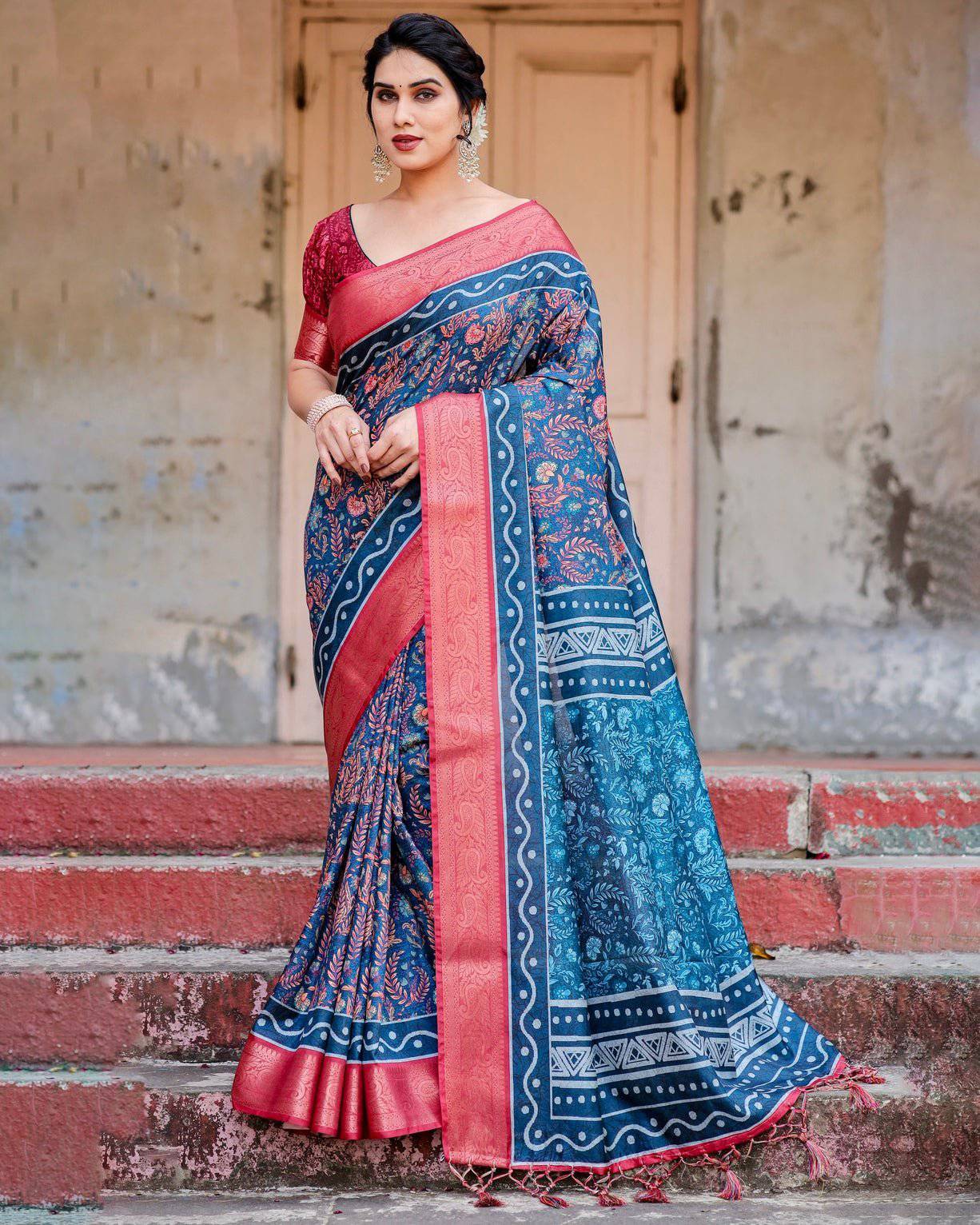 Pure Silk Digitally Printed Saree Weaved With Golden Zari Comes With Tassels