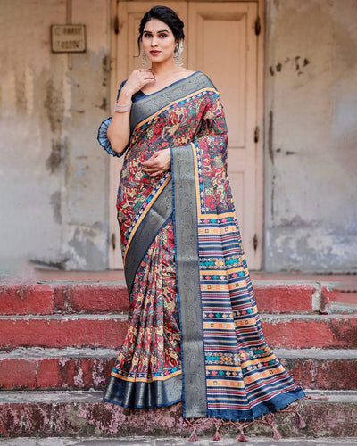 Multicolor Tussar Silk Saree with Vibrant Floral Weaves and Striped Pallu