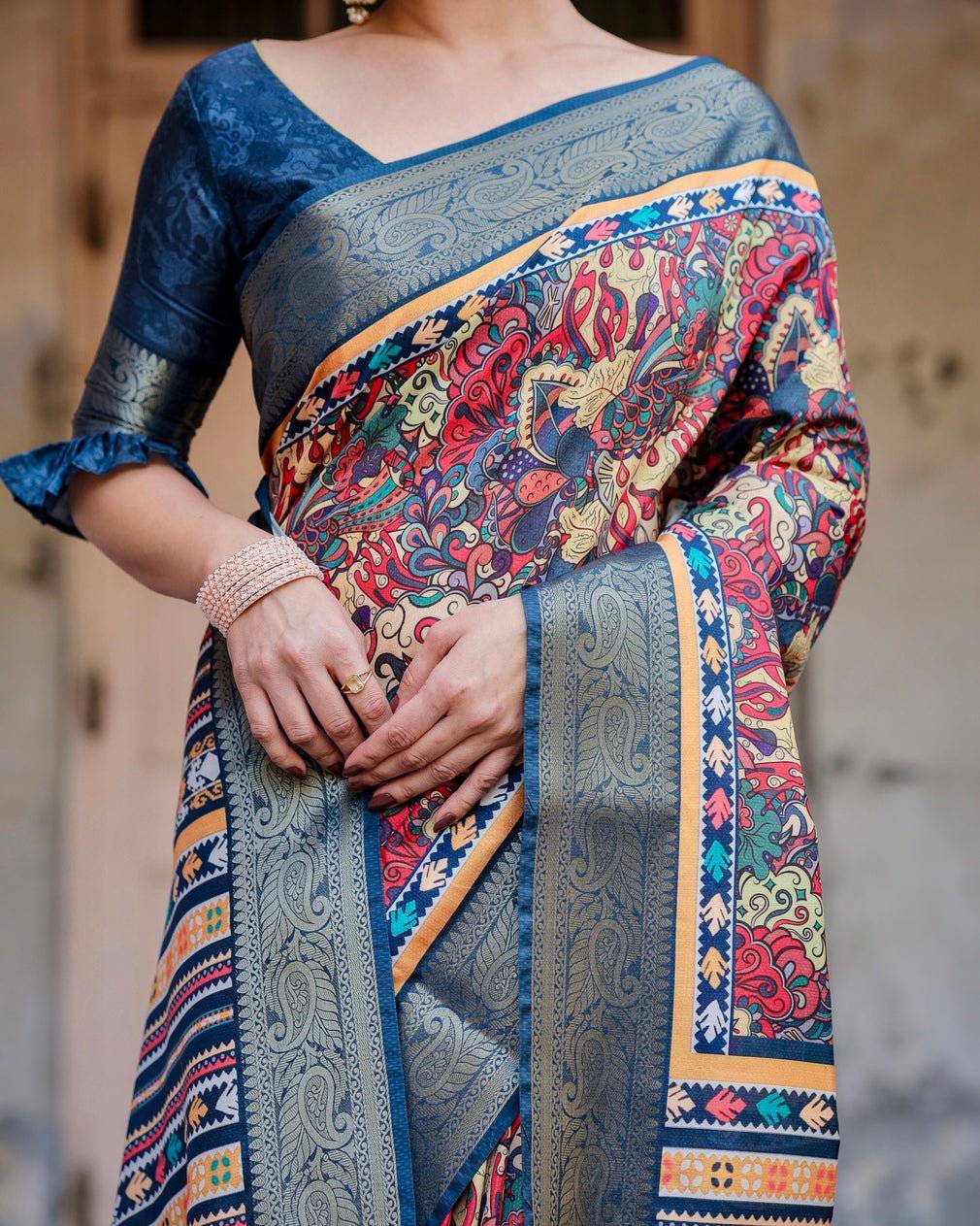 Multicolor Banarasi Silk Saree with Vibrant Floral Weaves and Striped Pallu