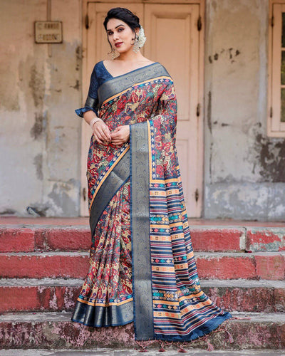 Multicolor Tussar Silk Saree with Vibrant Floral Weaves and Striped Pallu