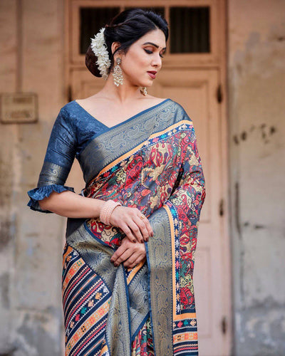 Multicolor Banarasi Silk Saree with Vibrant Floral Weaves and Striped Pallu