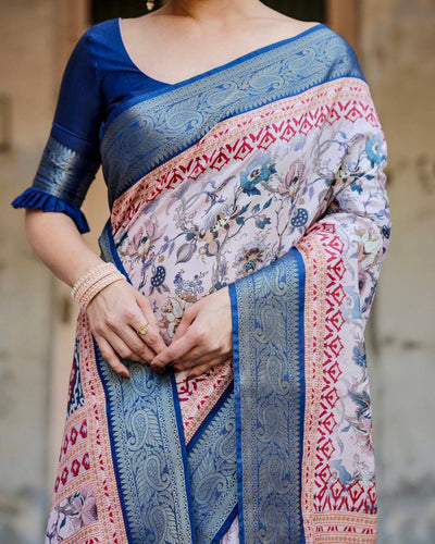 Ivory and Navy Blue Tussar Silk Saree with Floral Elegance and Ornamental Zari Work