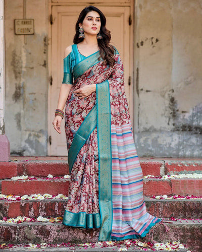 Maroon and Teal Tussar Silk Saree with Floral Zari Weave and Striped Pallu