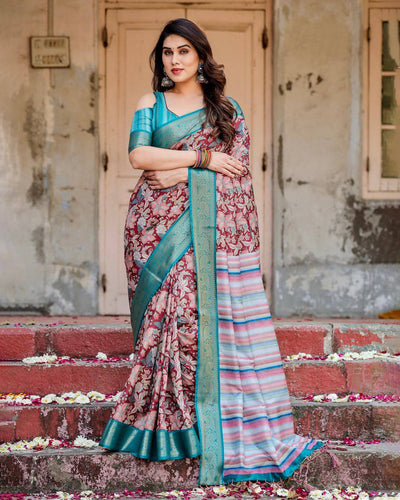 Maroon and Teal Tussar Silk Saree with Floral Zari Weave and Striped Pallu