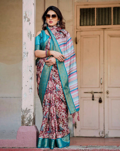 Maroon and Teal Banarasi Silk Saree with Floral Zari Weave and Striped Pallu