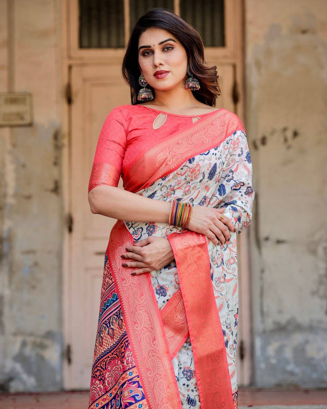 Ivory Banarasi Silk Saree with Coral Zari Border and Intricate Floral Motifs