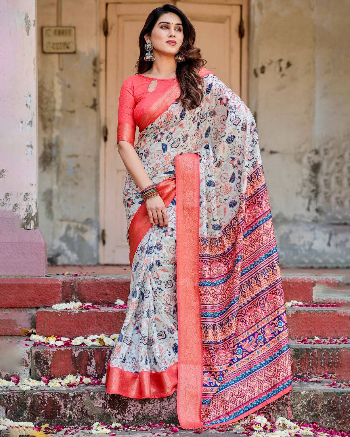 Ivory Tussar Silk Saree with Coral Zari Border and Intricate Floral Motifs