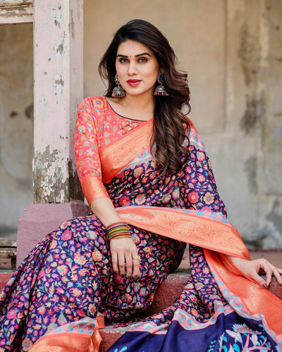 Navy Blue and Peach Banarasi Silk Saree with Peacock Motifs and Floral Zari Border