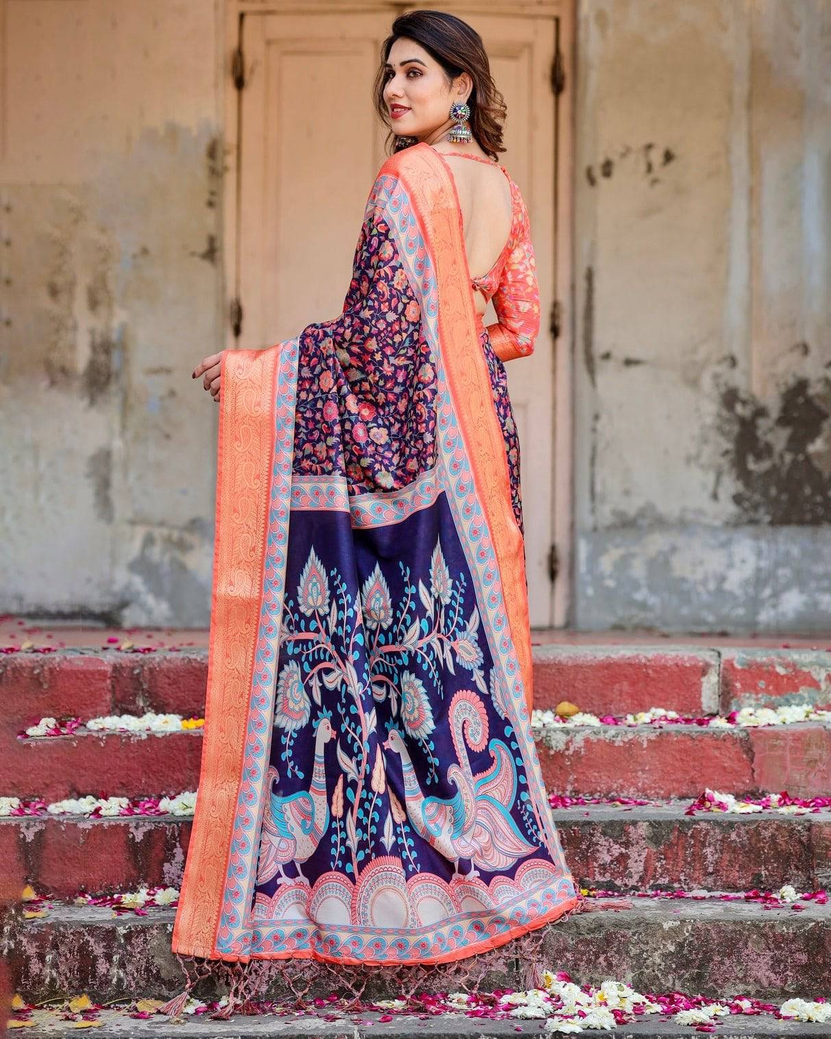 Navy Blue and Peach Banarasi Silk Saree with Peacock Motifs and Floral Zari Border